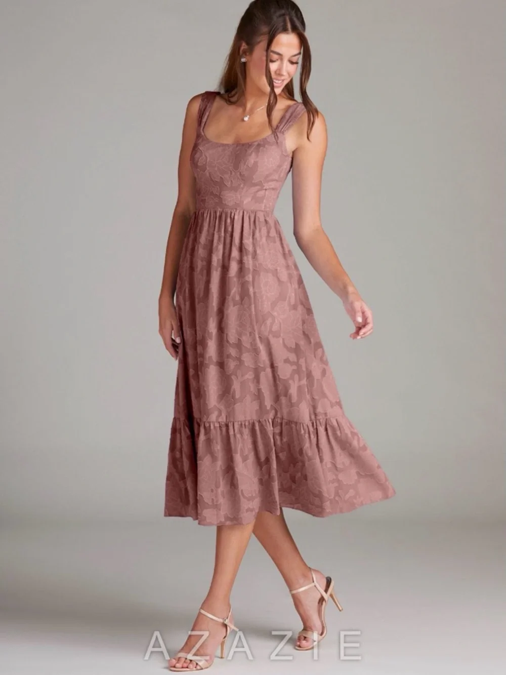 Azazie Dusty Rose Floral Midi Dress - Picture 1 of 7